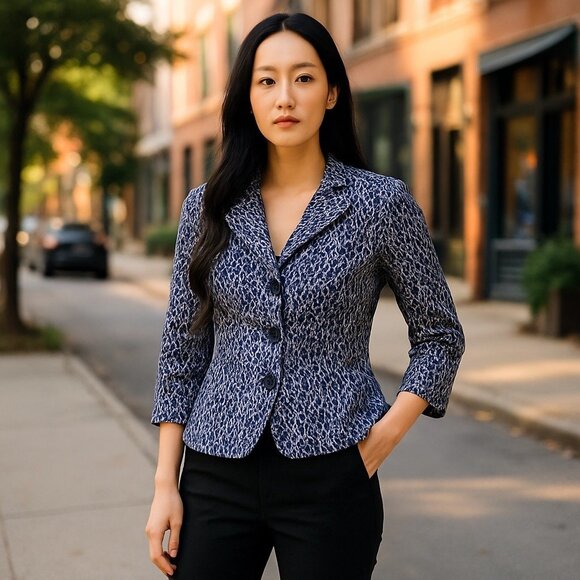 Joan Rivers Jackets & Blazers - Joan Rivers Small Blue & White Animal Print Button-Up Blazer Jacket 3/4 Sleeve